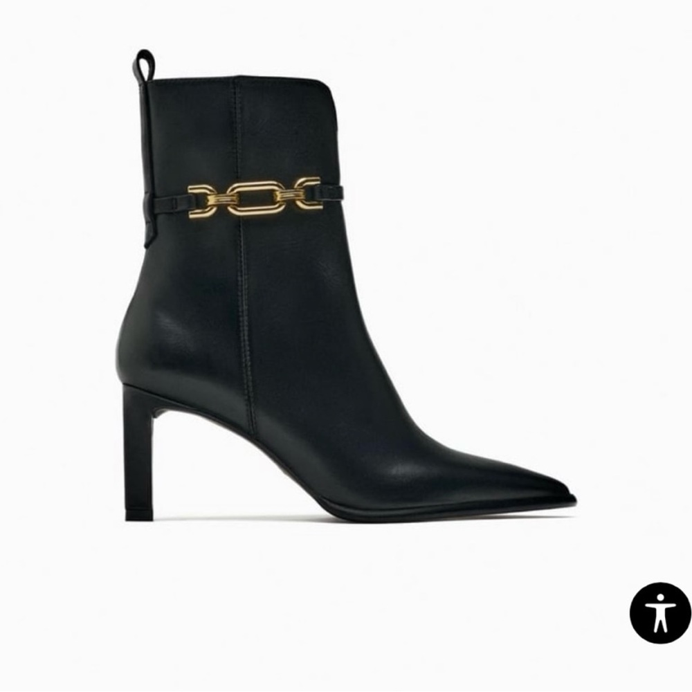 - Zara- 3.9" High Heeled Leather Ankle Bootie with Gold Metal Detail.